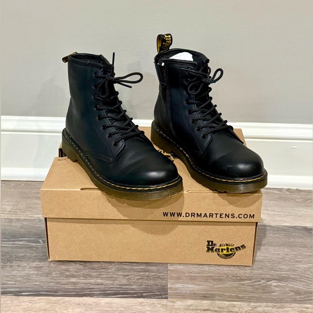 Dr. Martens Black Leather Lace-Up Combat Boots with Yellow Stitching